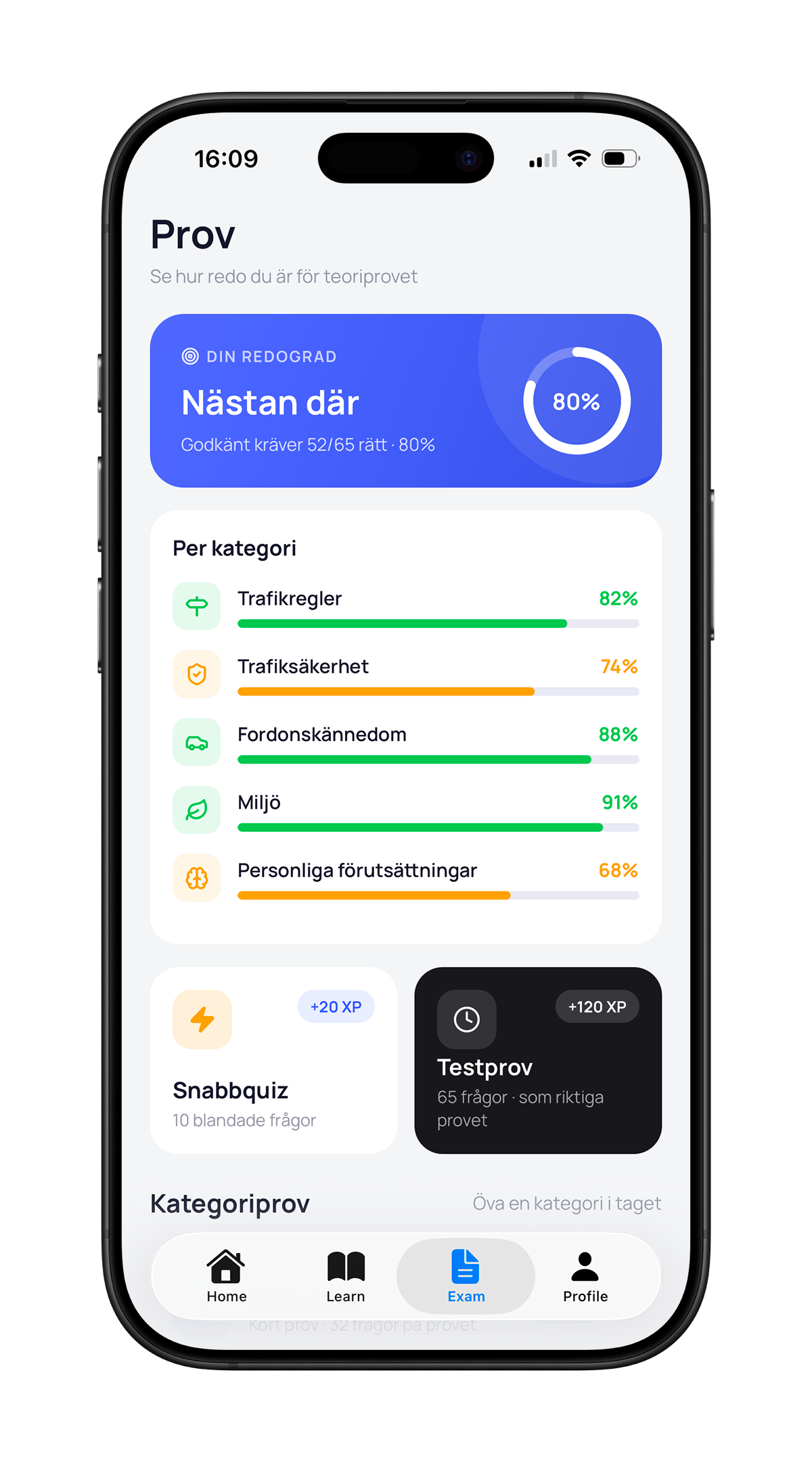 Teorikörkort — the results screen after a mock exam